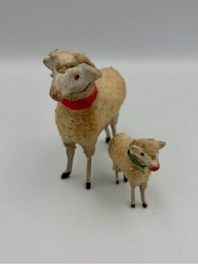 2 Antique German Putz Wooly Sheep Herd Handmade Nativity Primitive Folk Art Pair